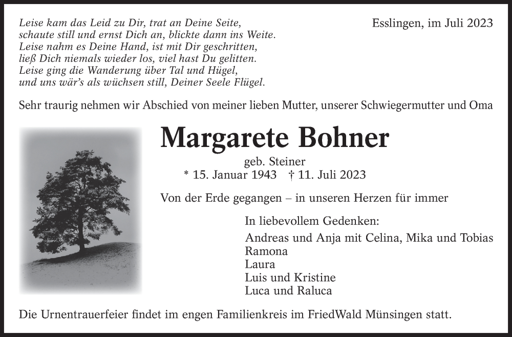  Traueranzeige für Margarete Bohner vom 15.07.2023 aus Eßlinger Zeitung/Cannstatter Zeitung