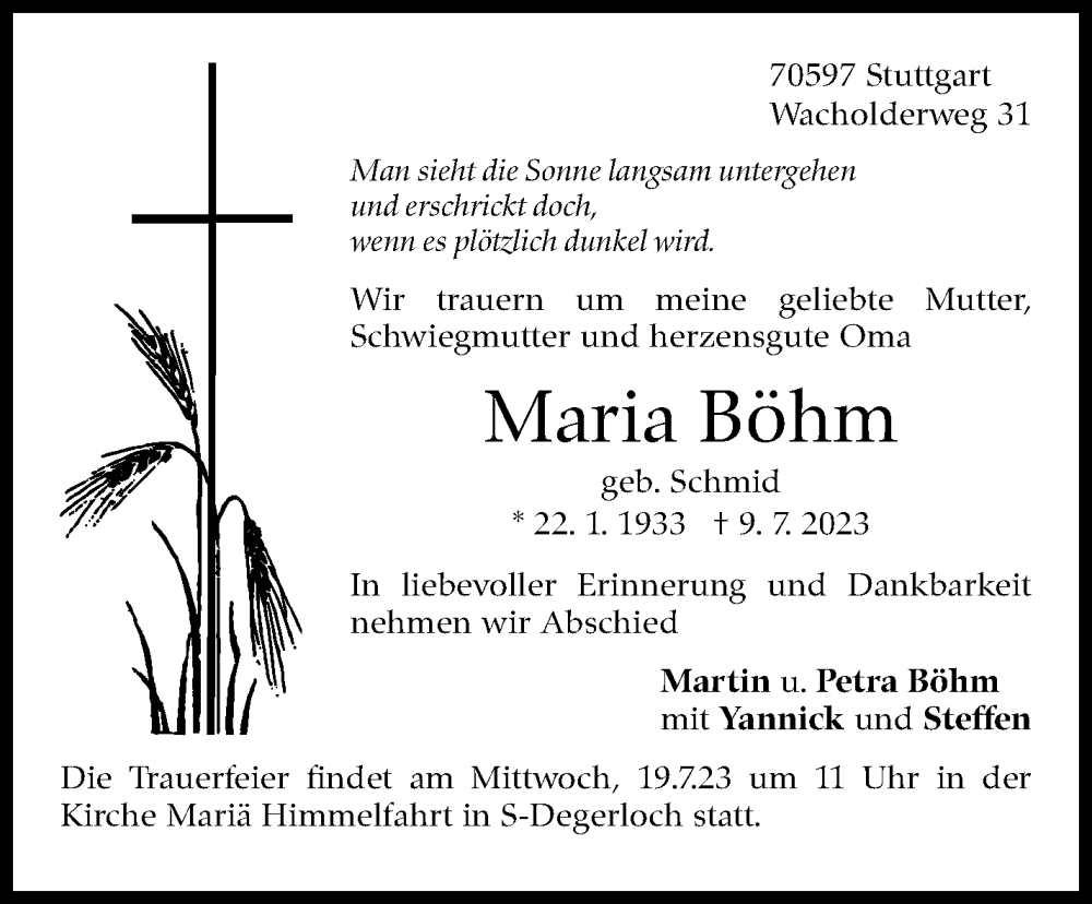  Traueranzeige für Maria Böhm vom 15.07.2023 aus Eßlinger Zeitung/Cannstatter Zeitung