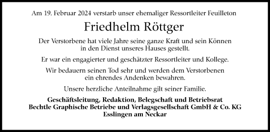 Traueranzeige von Friedhelm Röttger von Eßlinger Zeitung/Cannstatter Zeitung