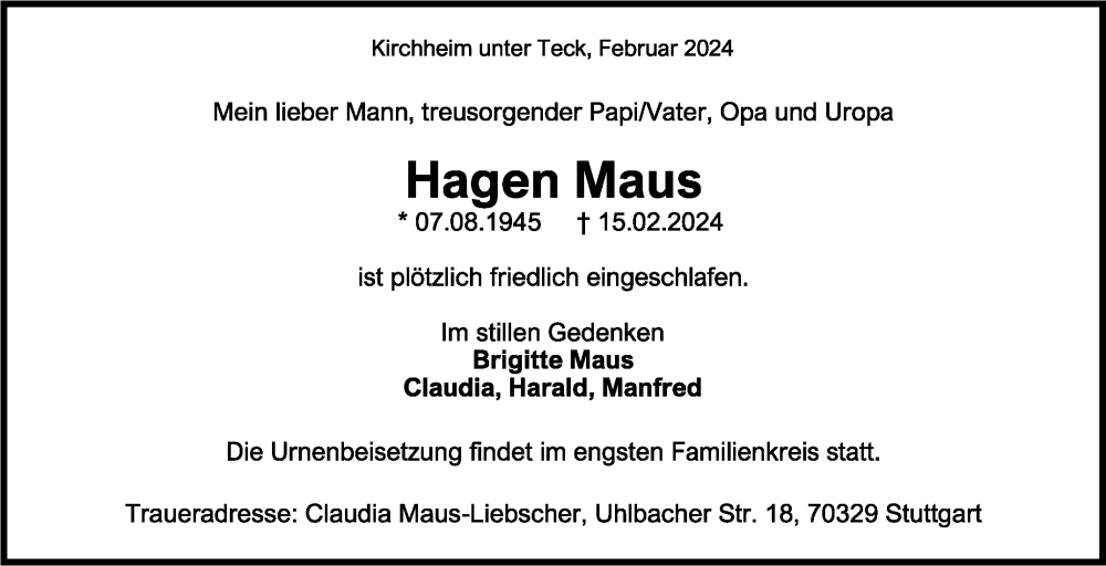  Traueranzeige für Hagen Maus vom 23.02.2024 aus Eßlinger Zeitung/Cannstatter Zeitung