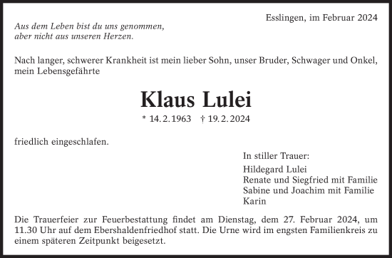Traueranzeige von Klaus Lulei von Eßlinger Zeitung/Cannstatter Zeitung