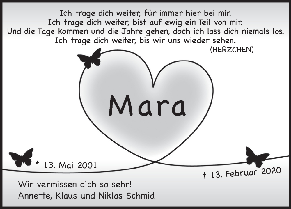  Traueranzeige für Mara Schmid vom 13.02.2024 aus Eßlinger Zeitung/Cannstatter Zeitung