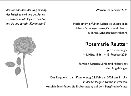Traueranzeige von Rosemarie Reutter von Eßlinger Zeitung/Cannstatter Zeitung