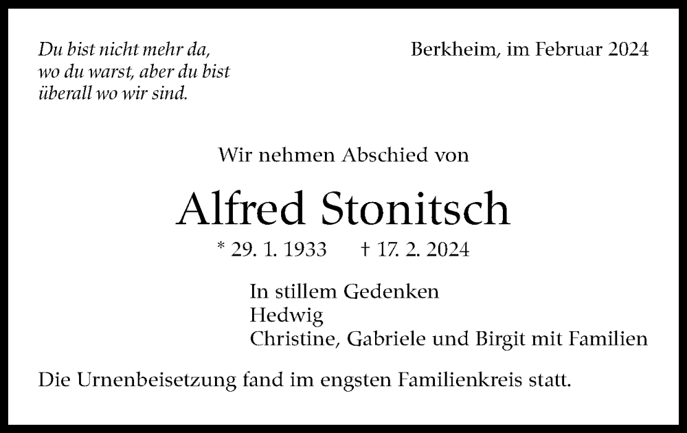  Traueranzeige für Alfred Stonitsch vom 06.03.2024 aus Eßlinger Zeitung/Cannstatter Zeitung
