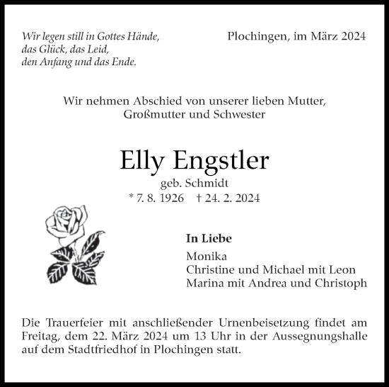 Traueranzeige von Elly Engstler von Eßlinger Zeitung/Cannstatter Zeitung