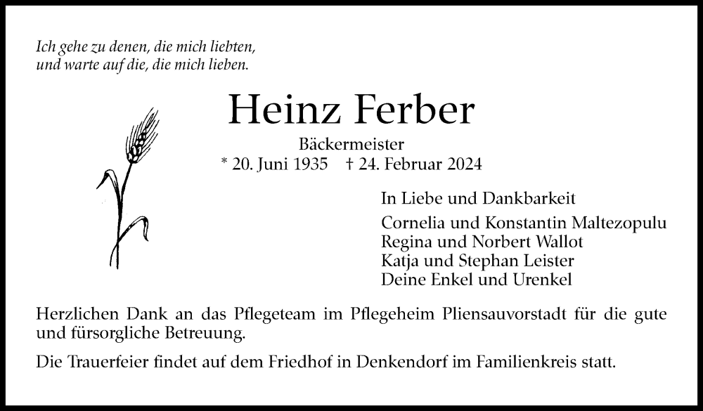  Traueranzeige für Heinz Ferber vom 04.03.2024 aus Eßlinger Zeitung/Cannstatter Zeitung