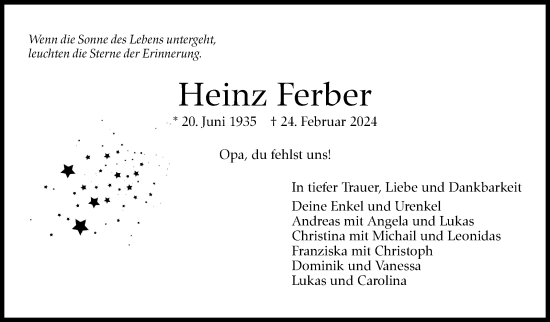 Traueranzeige von Heinz Ferber von Eßlinger Zeitung/Cannstatter Zeitung