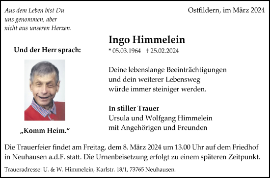 Traueranzeige von Ingo Himmelein von Eßlinger Zeitung/Cannstatter Zeitung