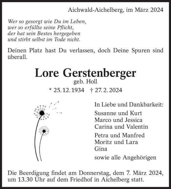 Traueranzeige von Lore Gerstenberger von Eßlinger Zeitung/Cannstatter Zeitung