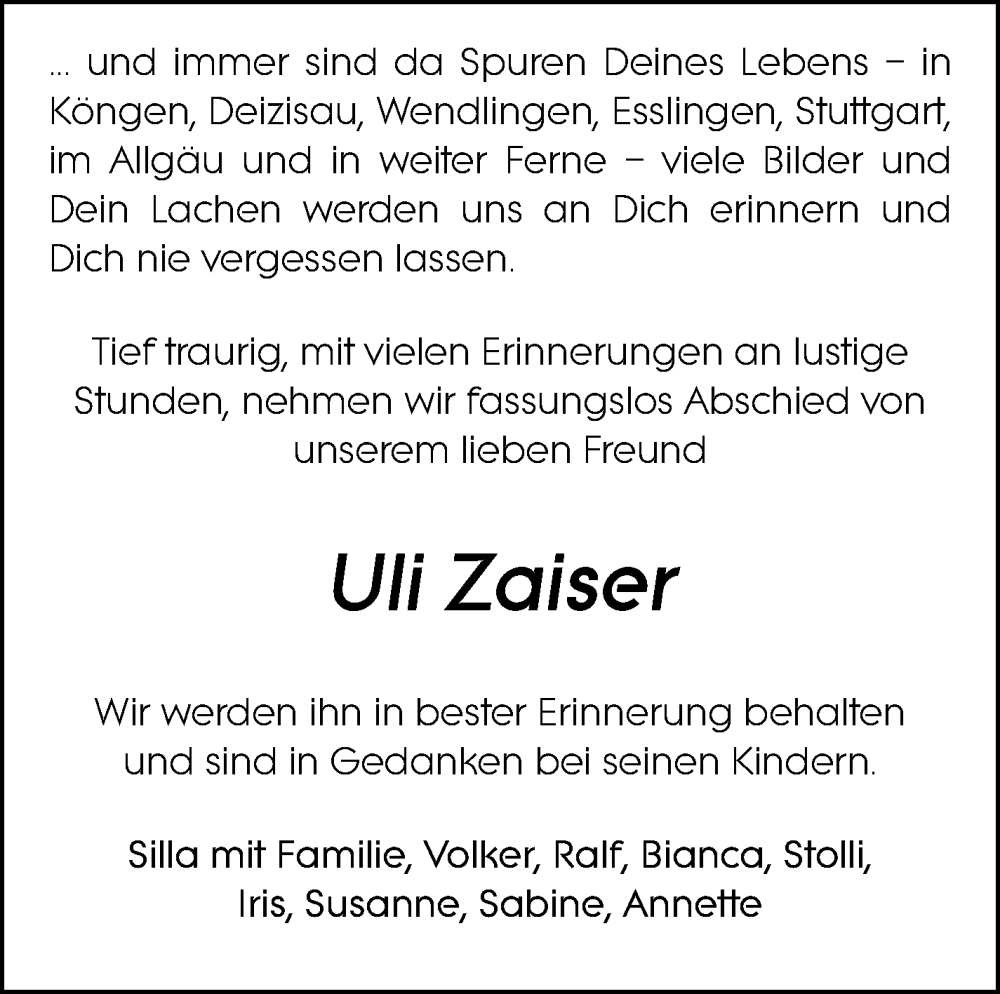  Traueranzeige für Uli Zaiser vom 09.03.2024 aus Eßlinger Zeitung/Cannstatter Zeitung