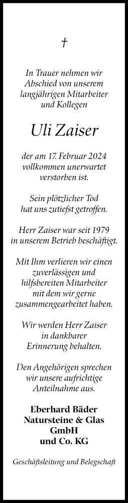  Traueranzeige für Uli Zaiser vom 09.03.2024 aus Eßlinger Zeitung/Cannstatter Zeitung