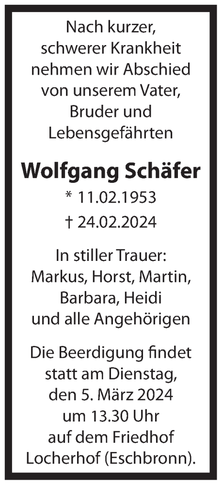 Traueranzeige von Wolfgang Schäfer von Eßlinger Zeitung/Cannstatter Zeitung