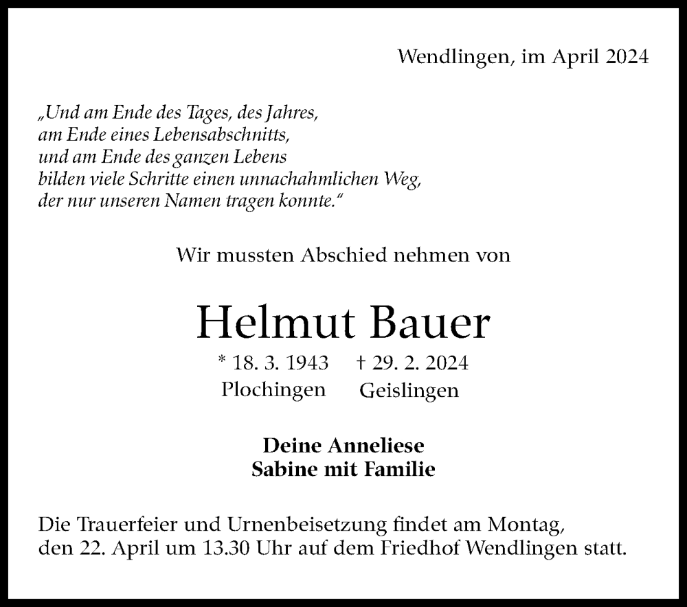  Traueranzeige für Helmut Bauer vom 17.04.2024 aus Eßlinger Zeitung/Cannstatter Zeitung