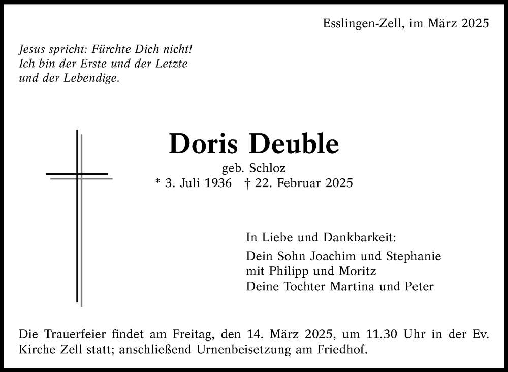  Traueranzeige für Doris Deuble vom 08.03.2025 aus Eßlinger Zeitung