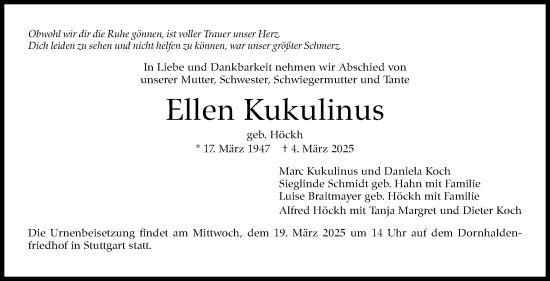Traueranzeige von Ellen Kukulinus von Eßlinger Zeitung