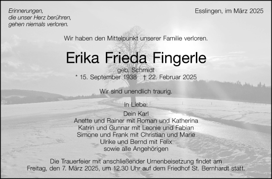 Traueranzeige von Erika Frieda Fingerle von Eßlinger Zeitung