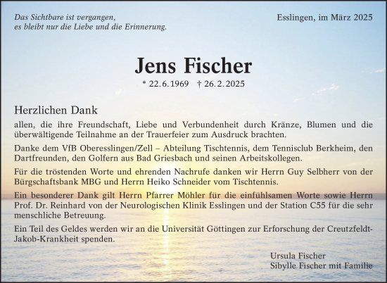 Traueranzeige von Jens Fischer von Eßlinger Zeitung