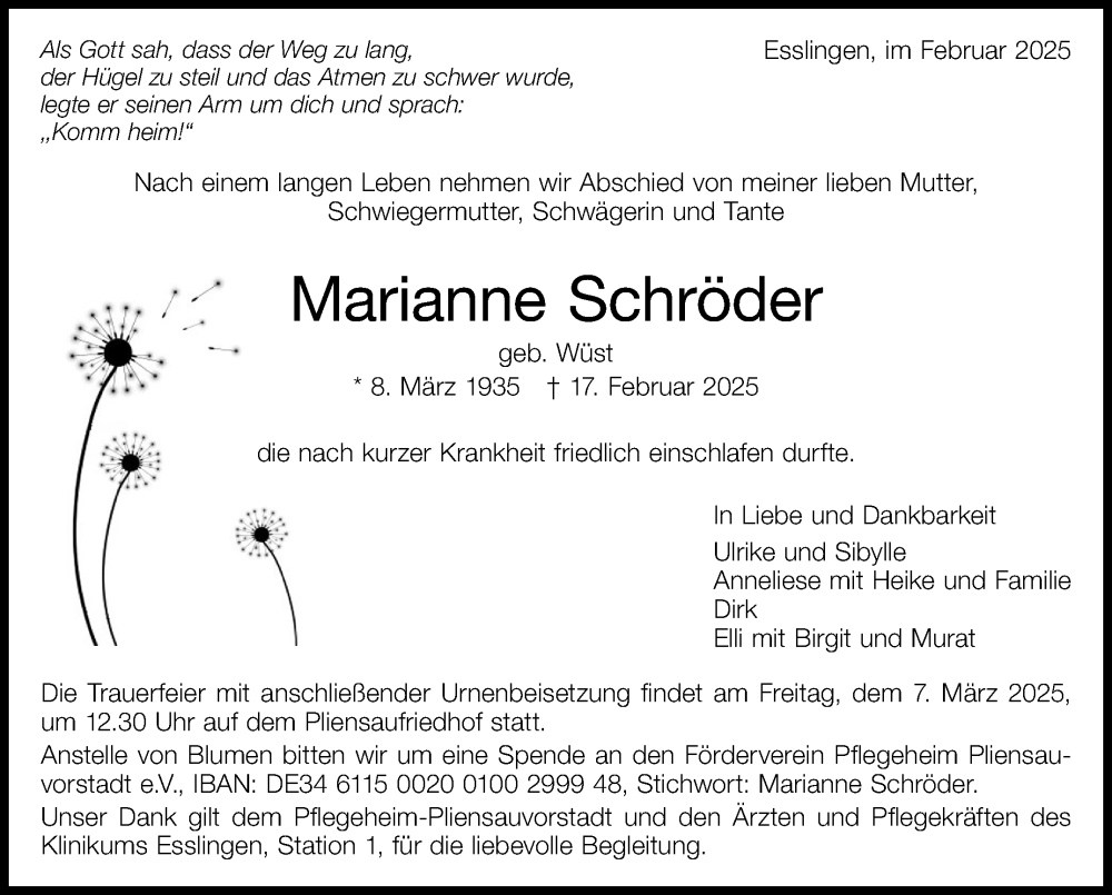  Traueranzeige für Marianne Schröder vom 22.02.2025 aus Eßlinger Zeitung