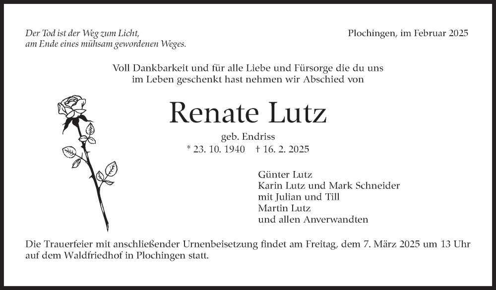  Traueranzeige für Renate Lutz vom 01.03.2025 aus Eßlinger Zeitung