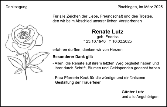 Traueranzeige von Renate Lutz von Eßlinger Zeitung