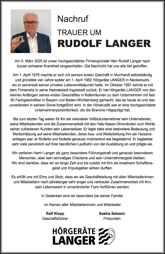 Traueranzeige von Rudolf Langer von Eßlinger Zeitung