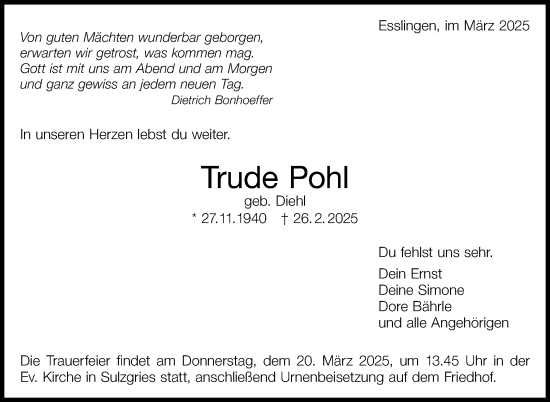 Traueranzeige von Trude Pohl von Eßlinger Zeitung