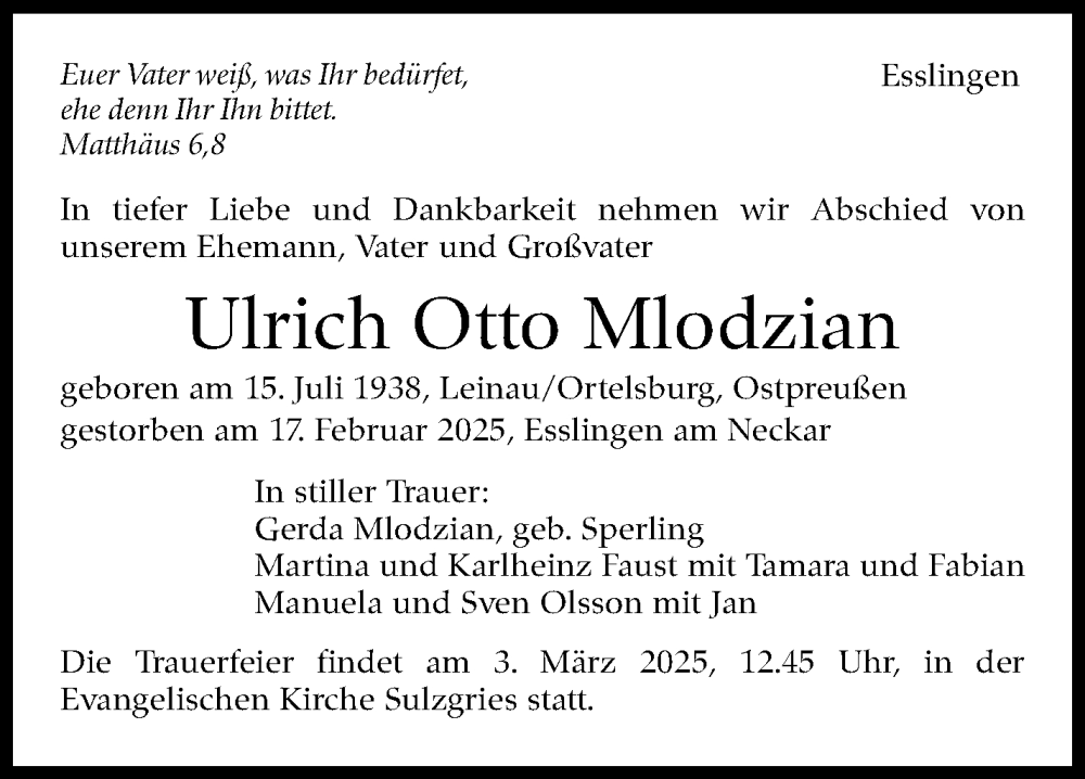  Traueranzeige für Ulrich Otto Mlodzian vom 01.03.2025 aus Eßlinger Zeitung