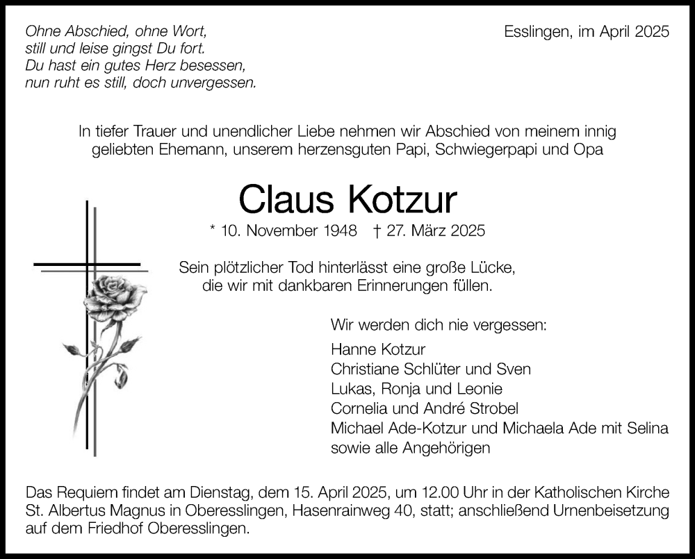  Traueranzeige für Claus Kotzur vom 12.04.2025 aus Eßlinger Zeitung