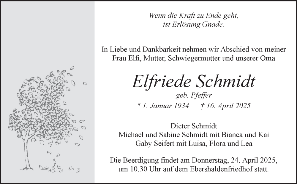  Traueranzeige für Elfriede Schmidt vom 23.04.2025 aus Eßlinger Zeitung
