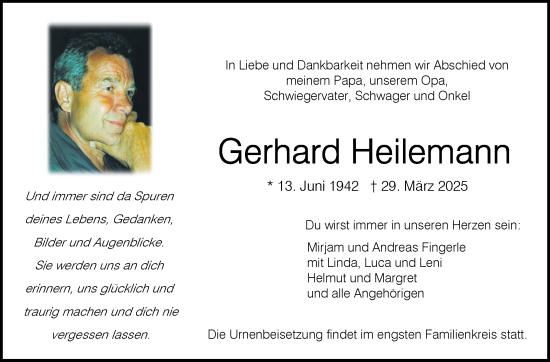 Traueranzeige von Gerhard Heilemann von Eßlinger Zeitung