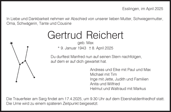 Traueranzeige von Gertrud Reichert von Eßlinger Zeitung