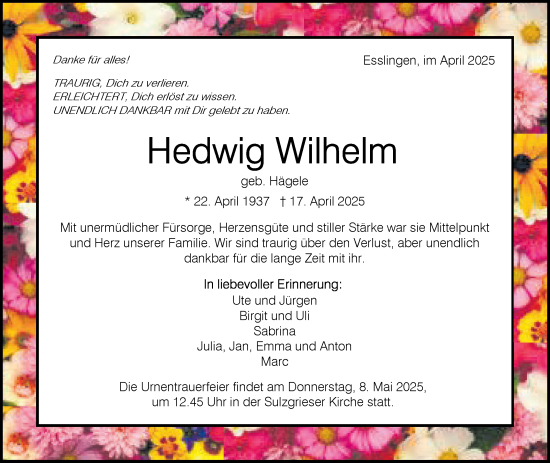 Traueranzeige von Hedwig Wilhelm von Eßlinger Zeitung