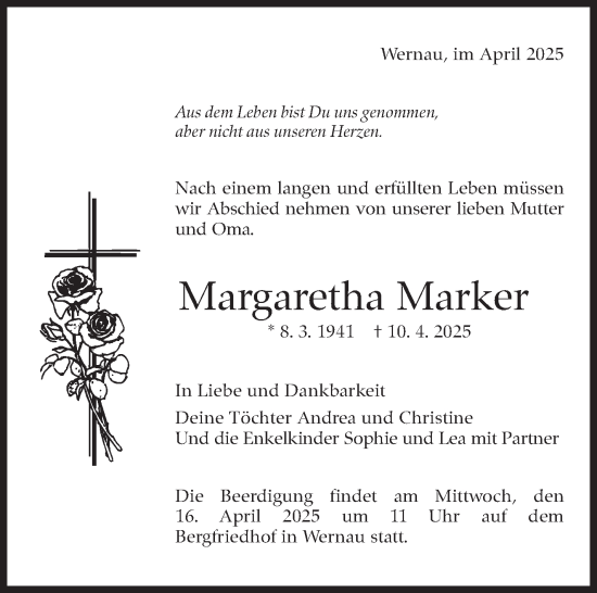 Traueranzeige von Margaretha Marker von Eßlinger Zeitung