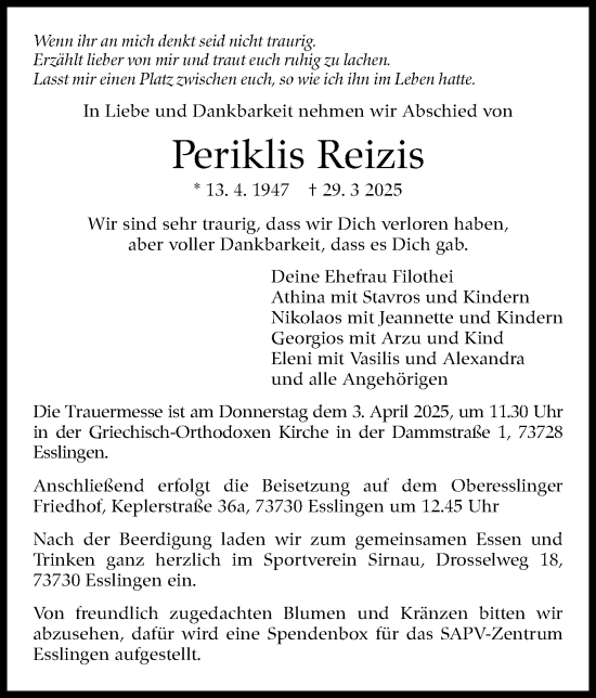 Traueranzeige von Periklis Reizis von Eßlinger Zeitung