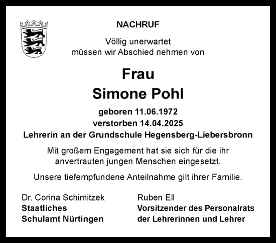 Traueranzeige von Simone Pohl von Eßlinger Zeitung