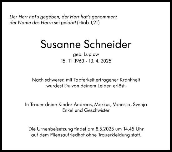 Traueranzeige von Susanne Schneider von Eßlinger Zeitung