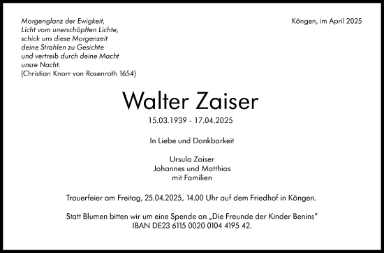 Traueranzeige von Walter Zaiser von Eßlinger Zeitung