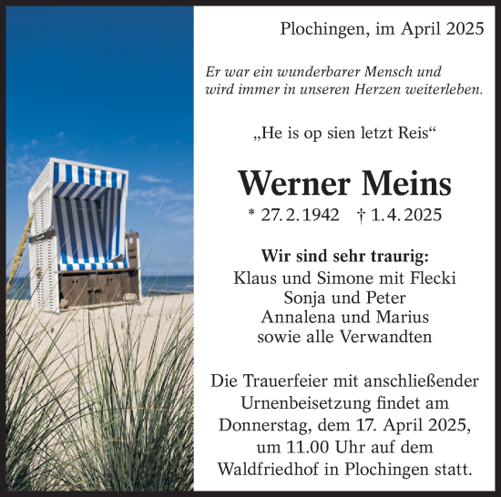Traueranzeige von Werner Meins von Eßlinger Zeitung