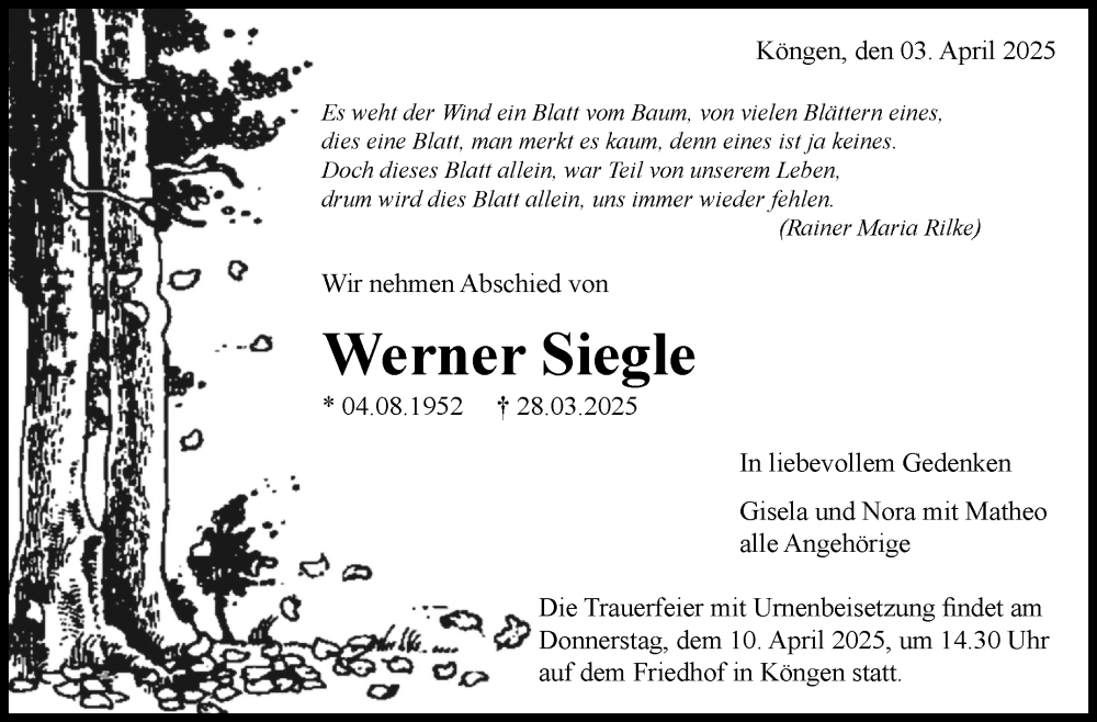  Traueranzeige für Werner Siegle vom 03.04.2025 aus Eßlinger Zeitung