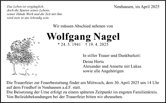 Traueranzeige von Wolfgang Nagel von Eßlinger Zeitung