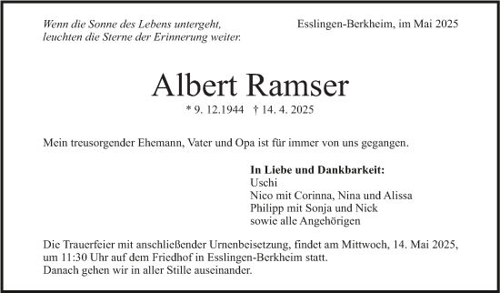 Traueranzeige von Albert Ramser von Eßlinger Zeitung