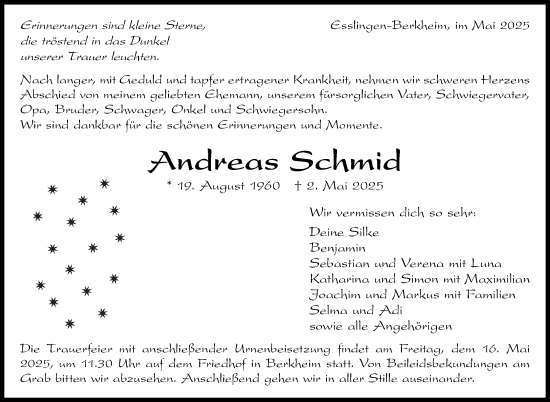 Traueranzeige von Andreas Schmid von Eßlinger Zeitung