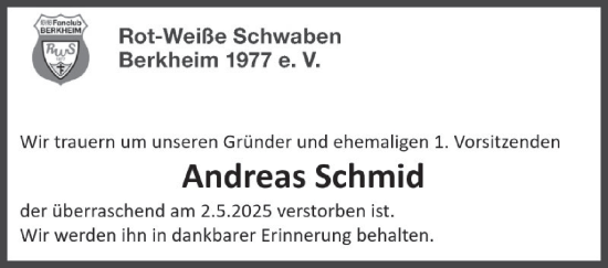 Traueranzeige von Andreas Schmid von Eßlinger Zeitung