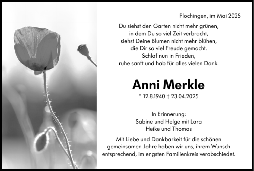  Traueranzeige für Anni Merkle vom 10.05.2025 aus Eßlinger Zeitung
