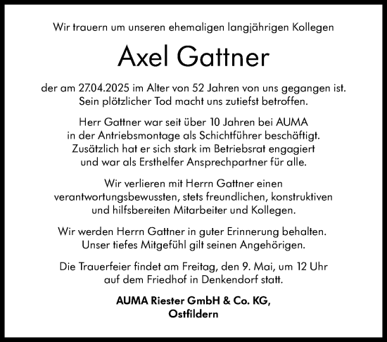 Traueranzeige von Axel Gattner von Eßlinger Zeitung