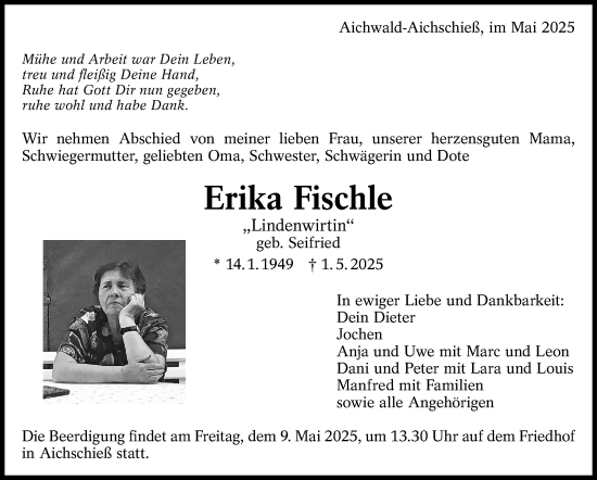 Traueranzeige von Erika Fischle von Eßlinger Zeitung