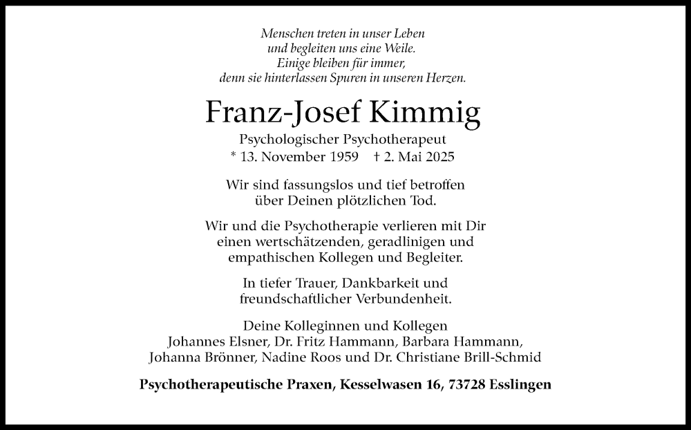  Traueranzeige für Franz-Josef Kimmig vom 17.05.2025 aus Eßlinger Zeitung