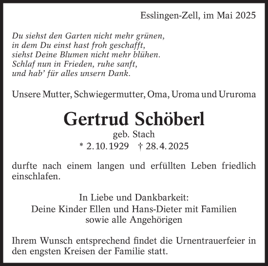Traueranzeige von Gertrud Schöberl von Eßlinger Zeitung