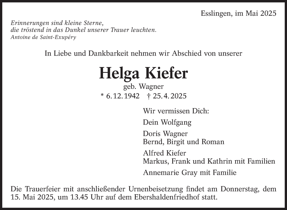  Traueranzeige für Helga Kiefer vom 03.05.2025 aus Eßlinger Zeitung