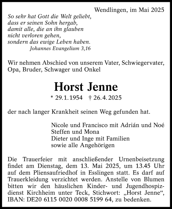 Traueranzeige von Horst Jenne von Eßlinger Zeitung